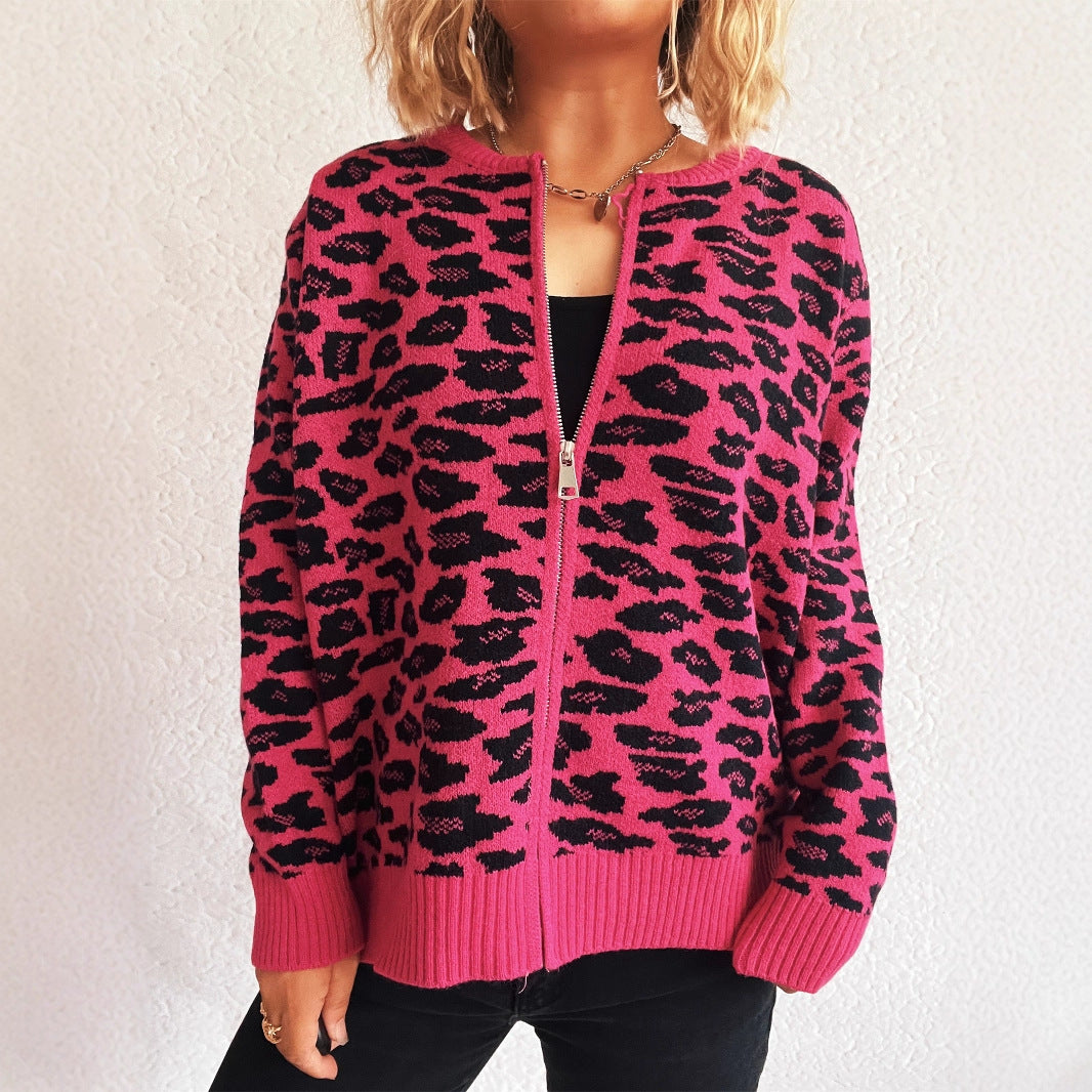 Damen Strickjacke mit modernem Leopardenmuster und Zipperdetails EB