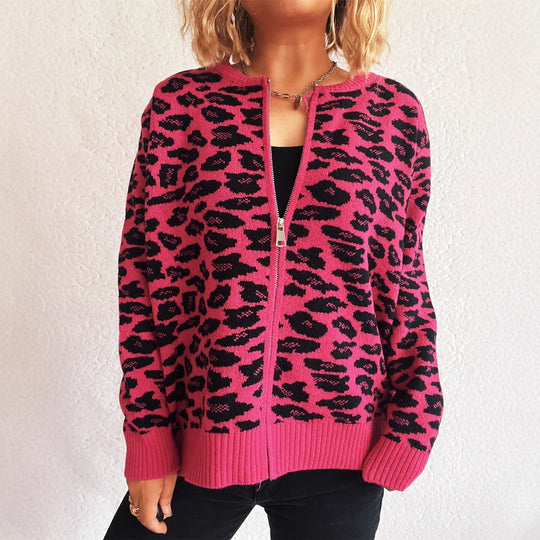 Damen Strickjacke mit modernem Leopardenmuster und Zipperdetails EB