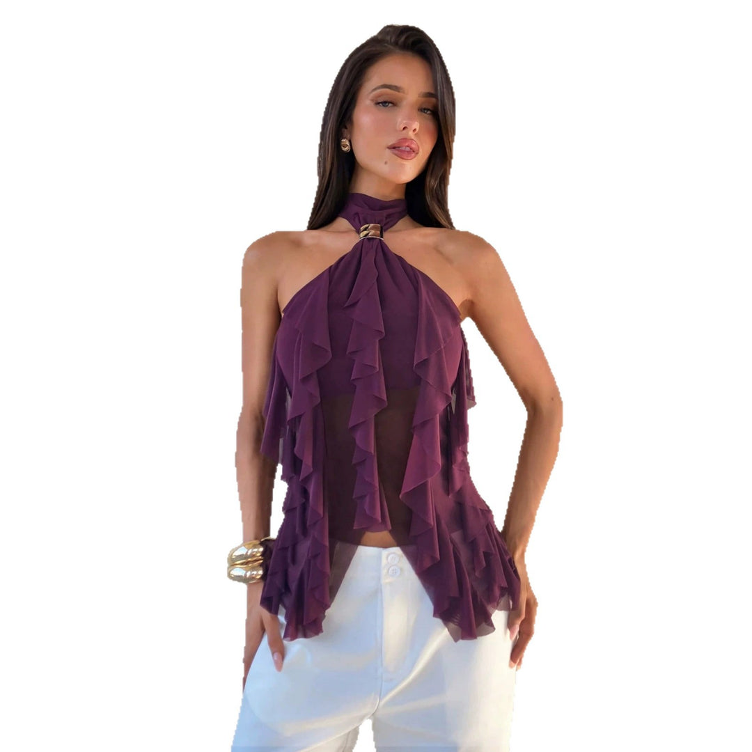 Damen nan Chiffon-Haltertop mit dekorativem Metallring und mehrlagigen Volants EB