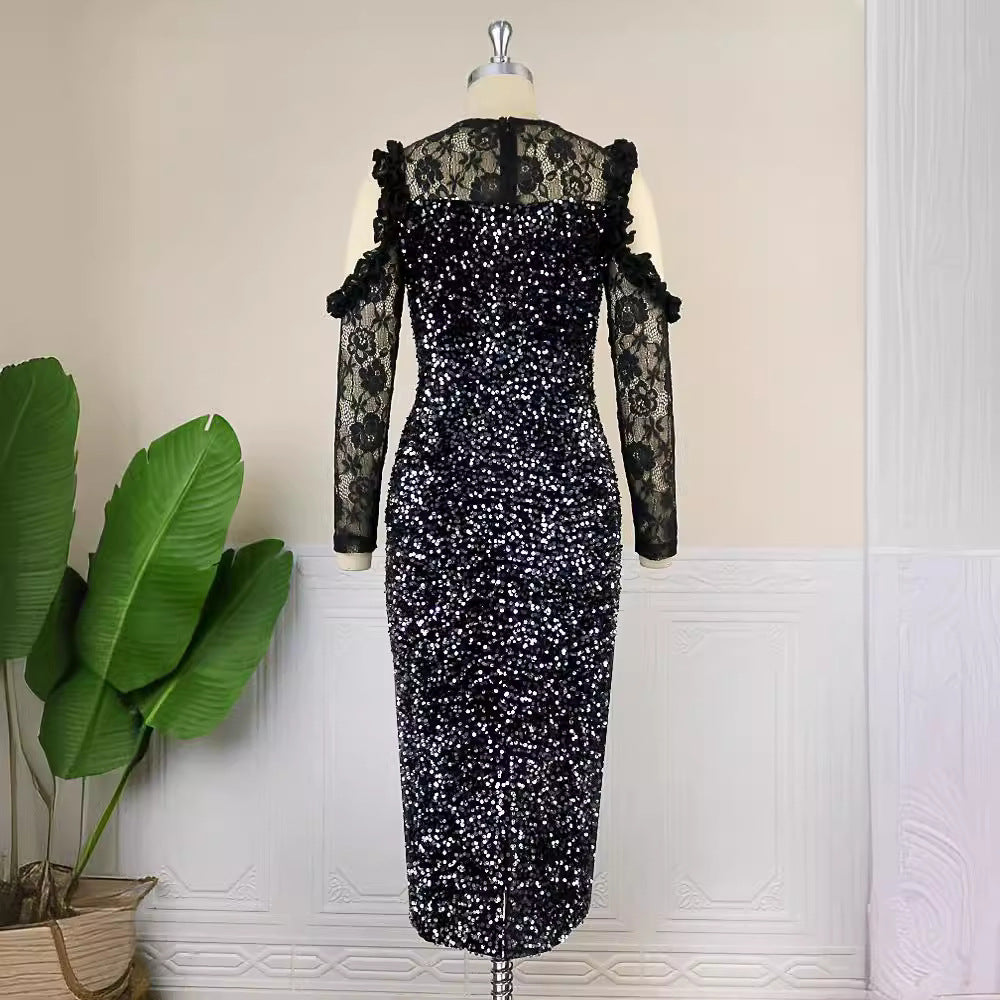 Damen Glitzerndes Festkleid mit eleganten Spitzendetails EB
