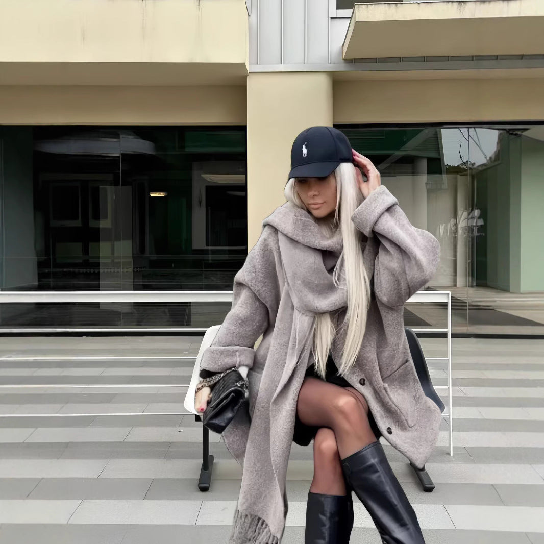 Damen elegante und warme Wickeljacke mit Schalkragen und Fransen EB