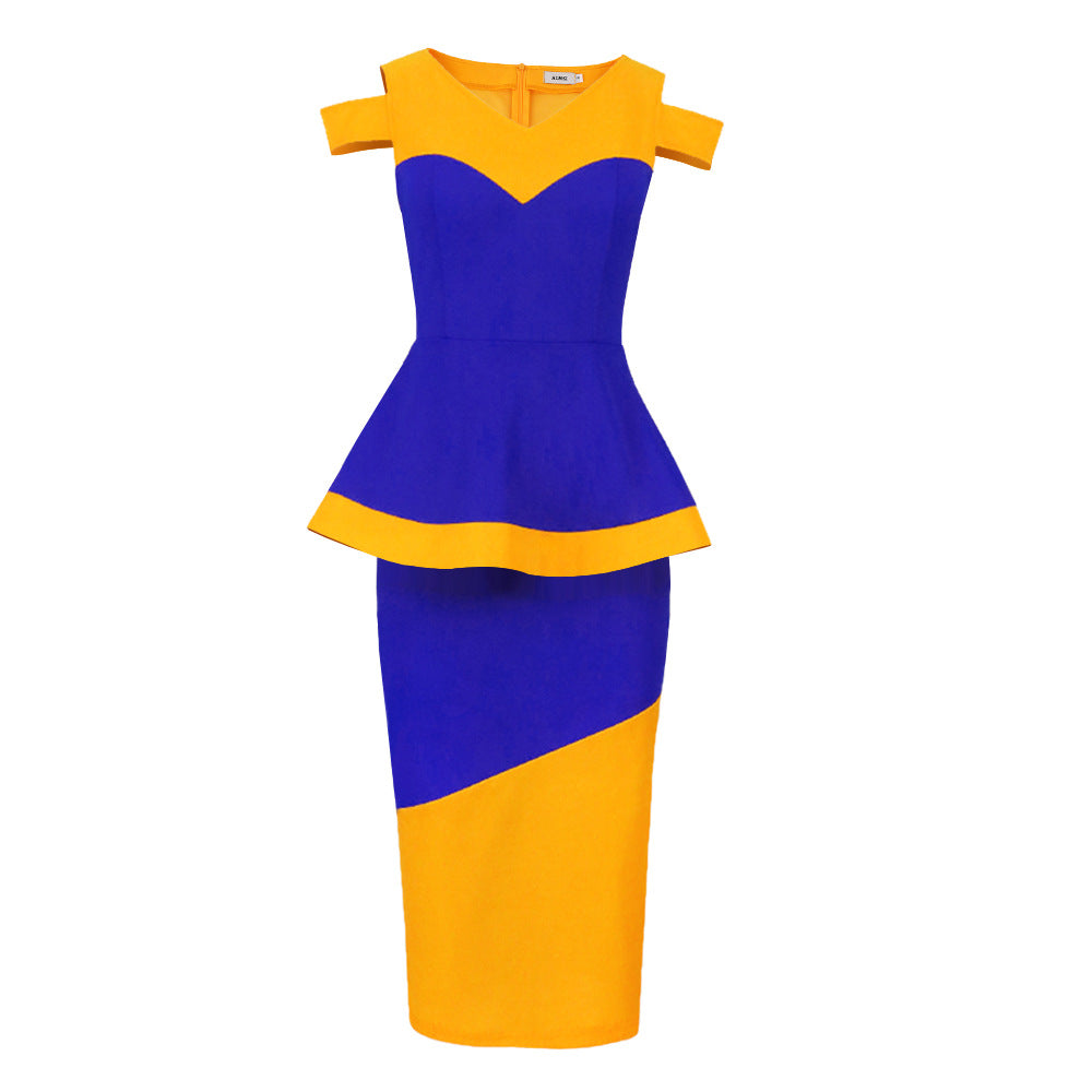 Damen figurbetontes Kleid mit modernem Farbschnitt und schickem Taillenband EB