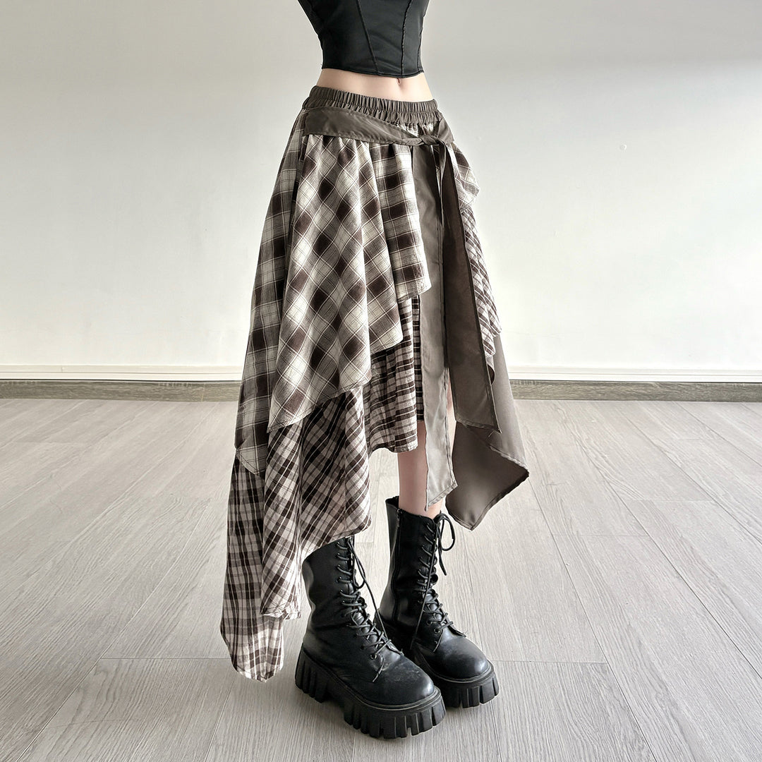 Damen asymmetrischer Wickelrock mit Karomuster und breitem Bindegürtel EB