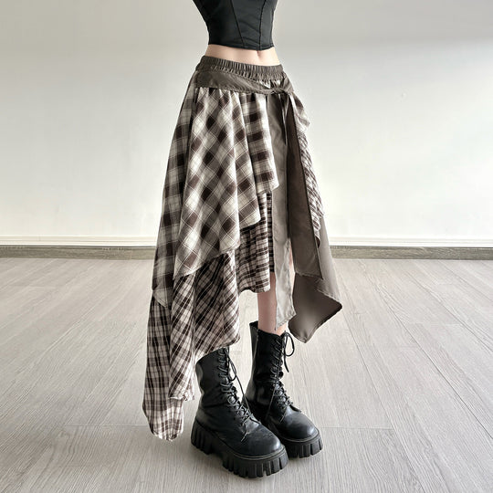 Damen asymmetrischer Wickelrock mit Karomuster und breitem Bindegürtel EB