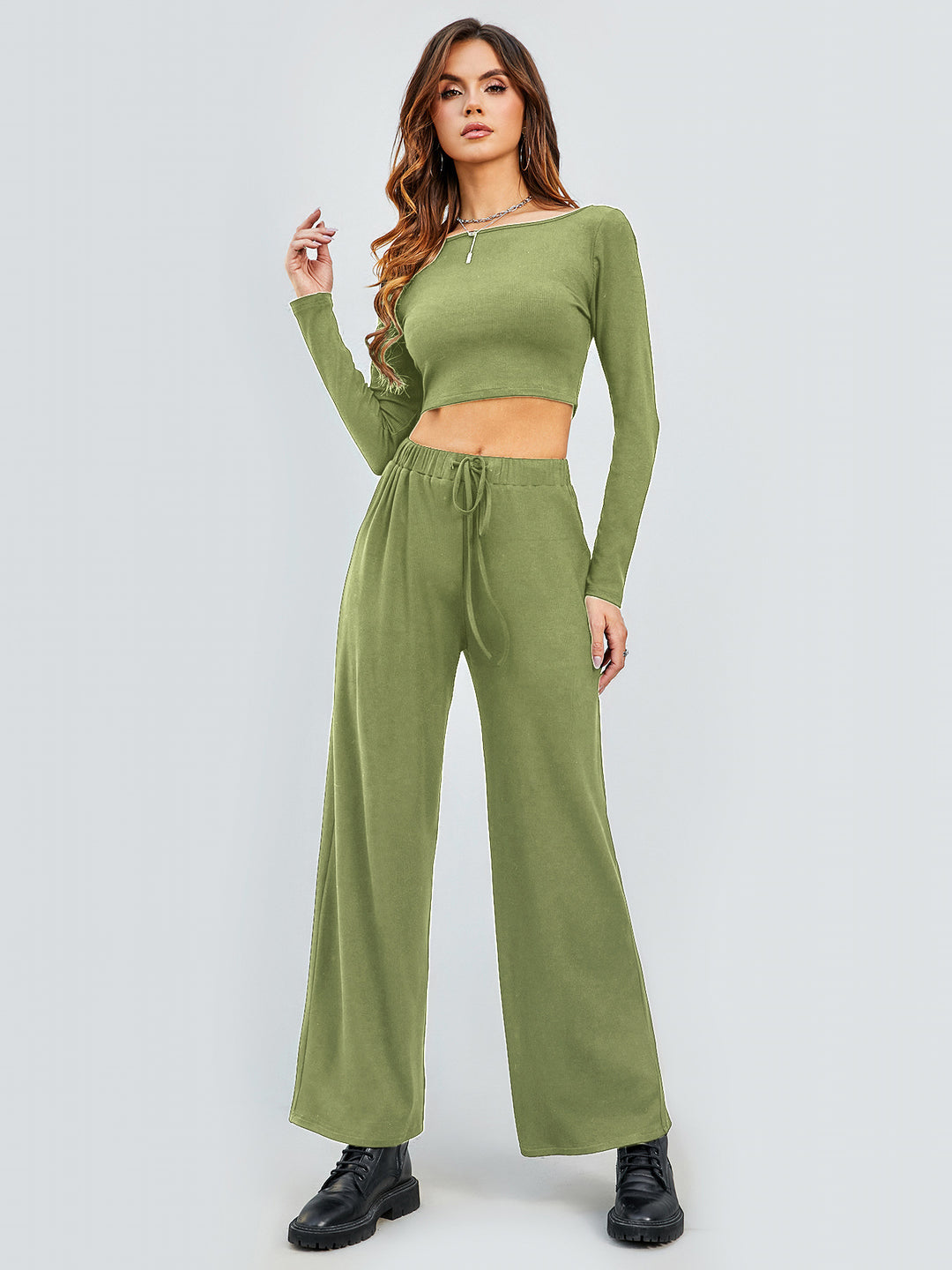 Damen Cropped Oberteil und Weite Hose Set EB