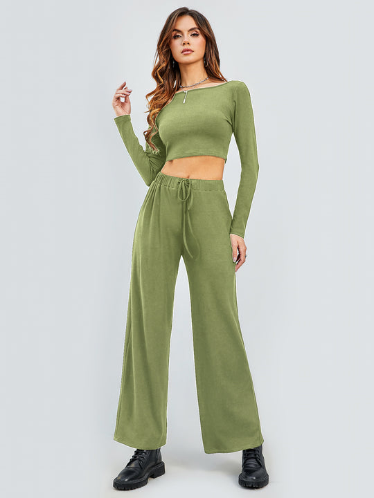 Damen Cropped Oberteil und Weite Hose Set EB