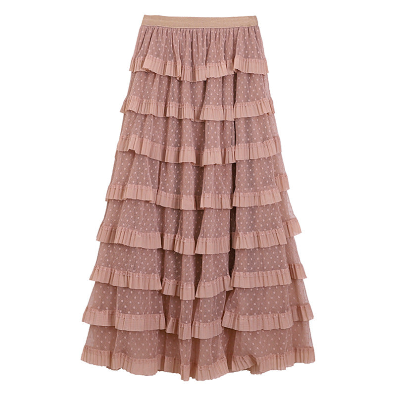 Damen  mehrlagiger Midirock mit Punktchiffon-Volants und elastischem Komfortbund EB