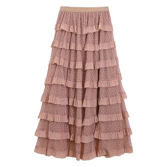 Damen  mehrlagiger Midirock mit Punktchiffon-Volants und elastischem Komfortbund EB