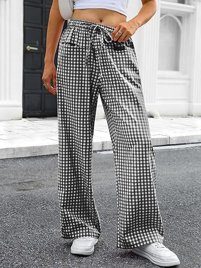 Damen Weit geschnittene Karohose mit elastischem Bund und praktischen Taschen EB
