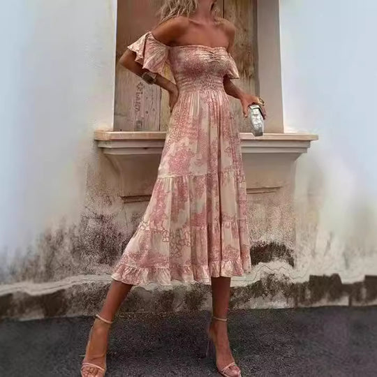 Damen Off-Shoulder Maxikleid mit Rüschendetails und elastischem Taillenband EB