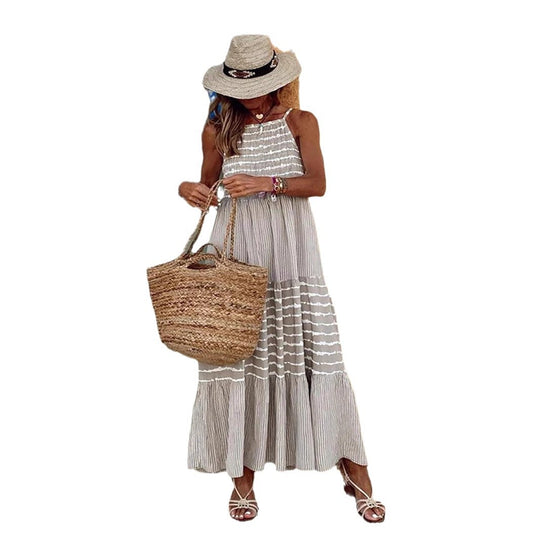 Damen Sommerliches Maxikleid mit gestreiftem Design und komfortablem Rückenausschnitt EB