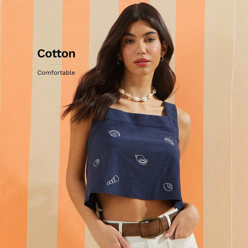 Damen Crop-Top mit maritimen Motiven aus hochwertiger Baumwolle EB