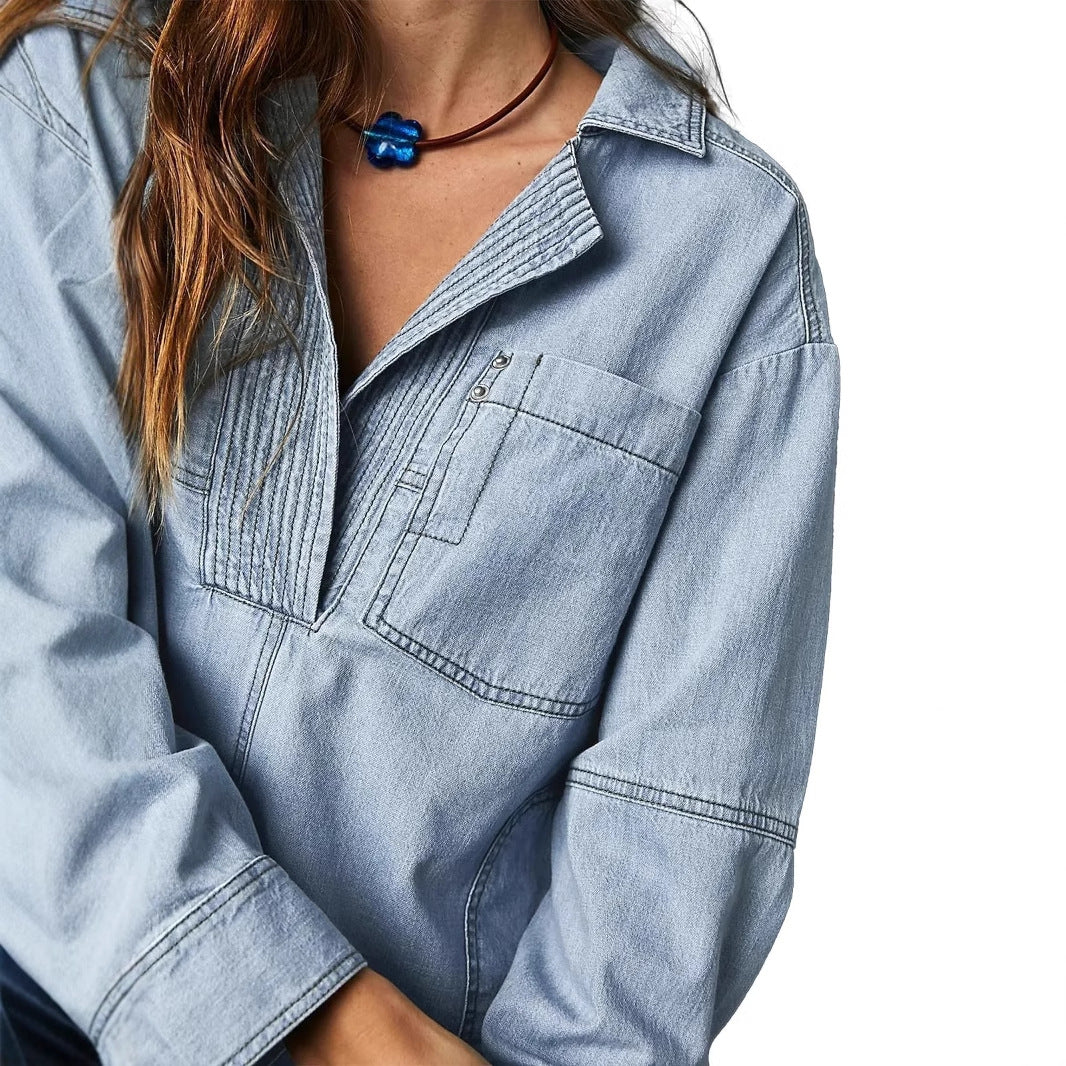 Damen Denim-Shirt mit detailreicher Steppung und lässigem Schnitt EB