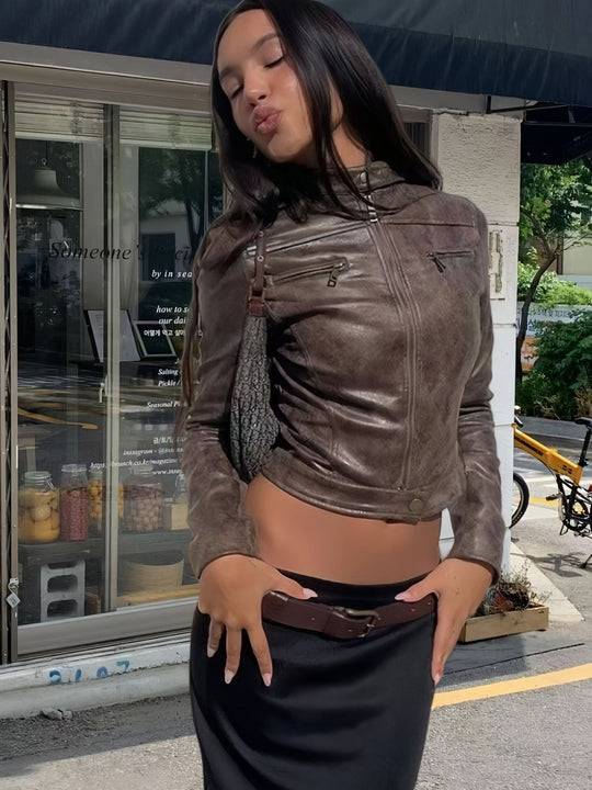 Damen trendige Bikerjacke aus hochwertigem Kunstleder EB