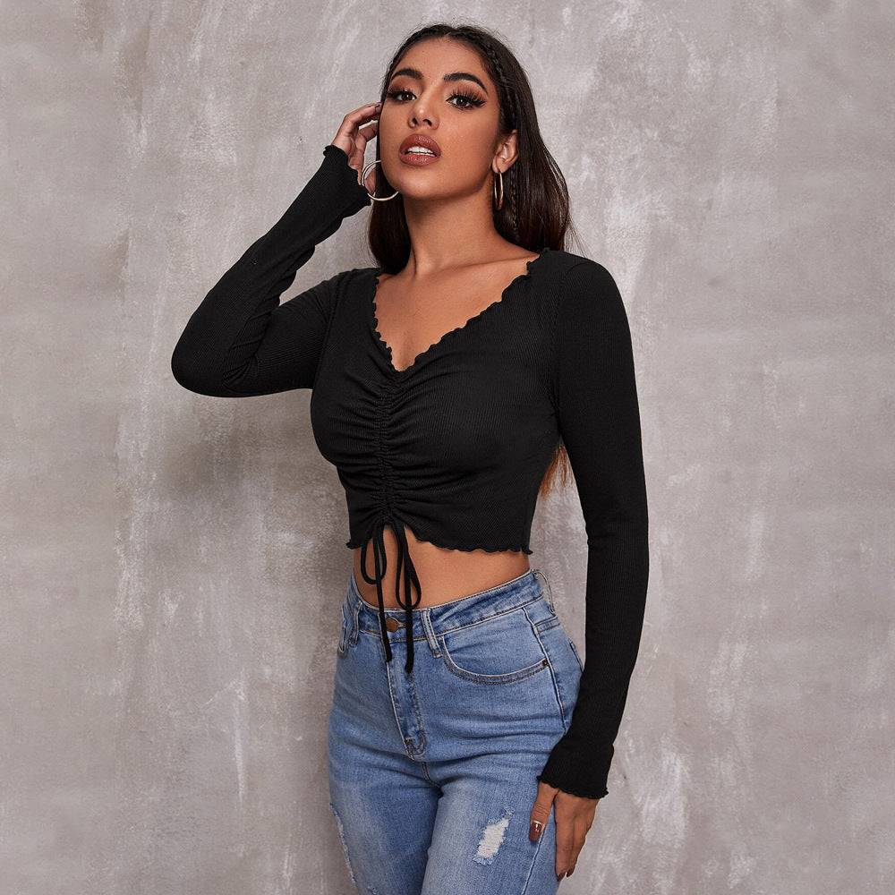 Damen geripptes Cropped-Longsleeve mit Tunnelzugvorderseite, Bindekordeln und gewelltem Saum Eichborn Berlin