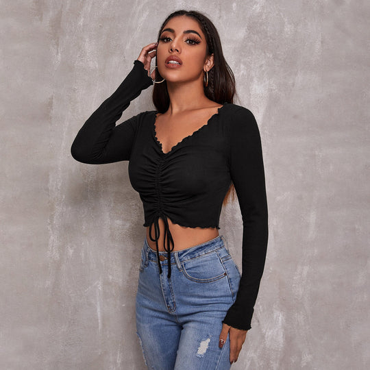 Damen geripptes Cropped-Longsleeve mit Tunnelzugvorderseite, Bindekordeln und gewelltem Saum Eichborn Berlin