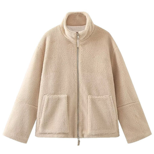 Damen kuschelige Fleecejacke mit hohen Kragen und großen Taschen EB