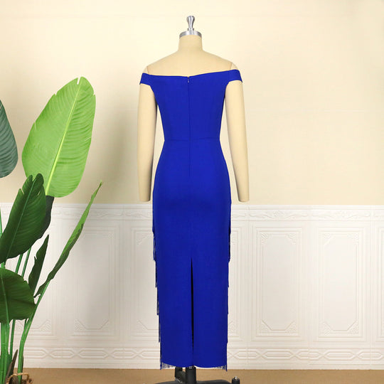 Damen glamouröses Abendkleid mit schulterfreien Rüschen und Fransen EB