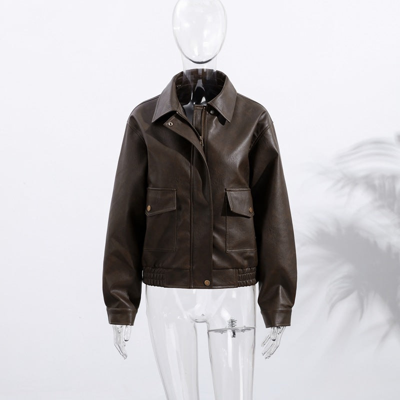 Damen Lässige Kunstlederjacke mit praktischen Taschen und elastischem Saum EB