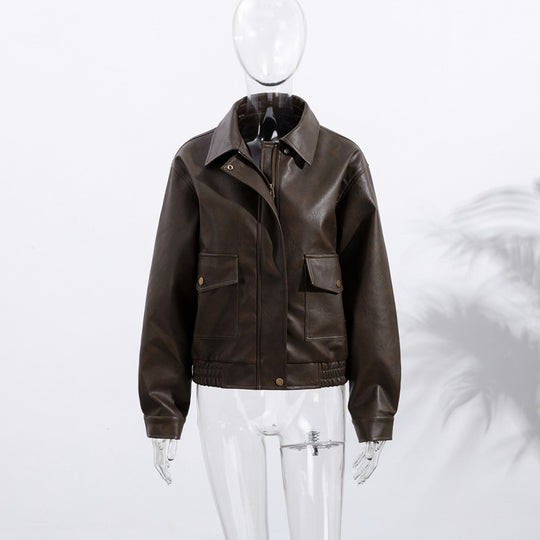 Damen Lässige Kunstlederjacke mit praktischen Taschen und elastischem Saum EB