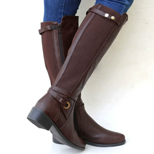 EB | Knielange Stiefel – Slim Fit – Elastisches Panel – Niedriger Blockabsatz – Schnallenriemen