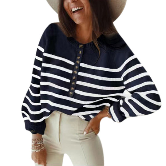 Damen Streifenstrickpullover mit Knopfleiste und weitem Schnitt EB