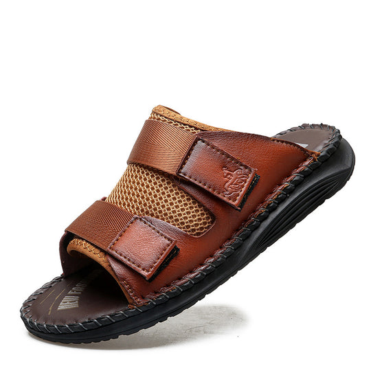 Herren Atmungsaktive Leder-Sandalen mit verstellbarem Klettverschluss EB
