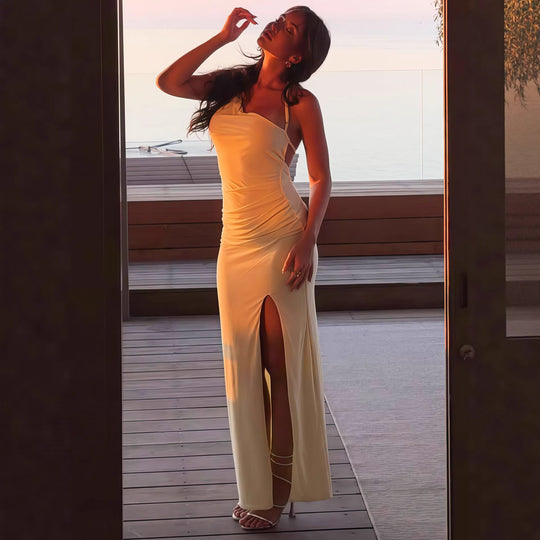 Damen Elegantes Maxikleid mit asymmetrischem Ausschnitt und Schlitz EB