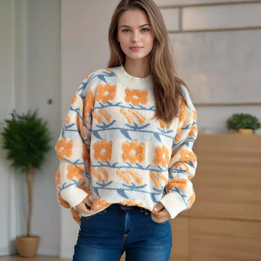 Damen Strickpullover mit floralem Muster und lässigem Schnitt EB