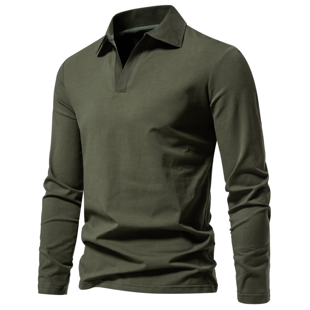 Herren nan Langarm-Polo mit offenem V-Ausschnitt, feinem Rippenkragen und schmaler Silhouette EB