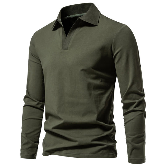 Herren nan Langarm-Polo mit offenem V-Ausschnitt, feinem Rippenkragen und schmaler Silhouette EB
