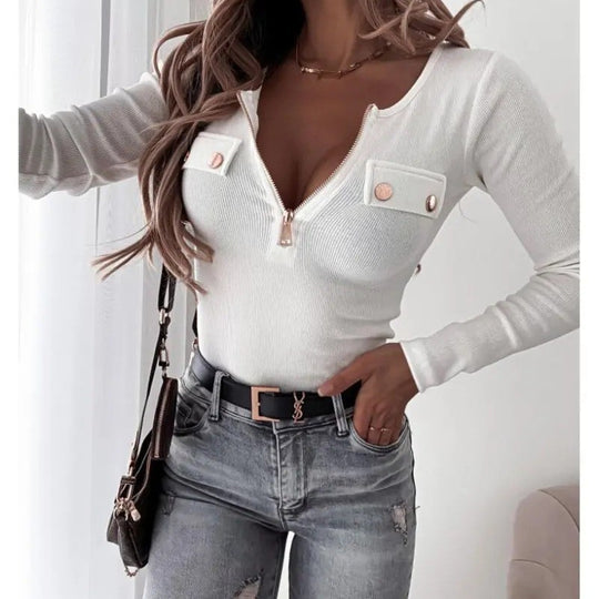 Damen Langarm Bodysuit mit Reißverschluss und dekorativen Knöpfen EB