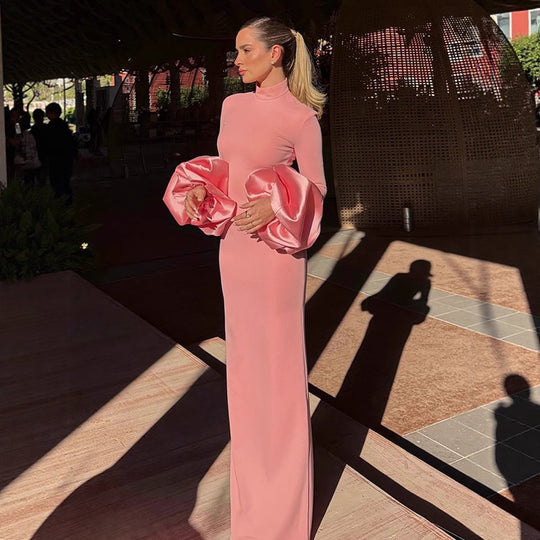 Damen Maxikleid mit rüschenförmigen Ärmeln und elegantem Stehkragen EB