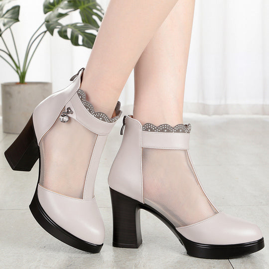 Damen Modische Peep-Toe Stiefeletten mit eleganter Mesh-Ansicht und hohem Blockabsatz EB