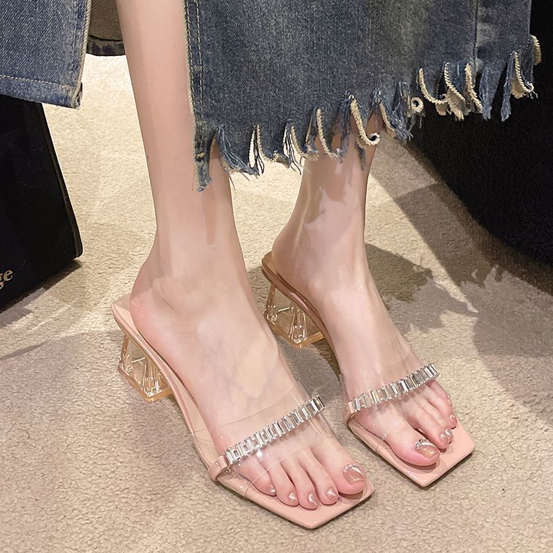 Damen transparentes Mules mit glitzerndem Riemendesign EB