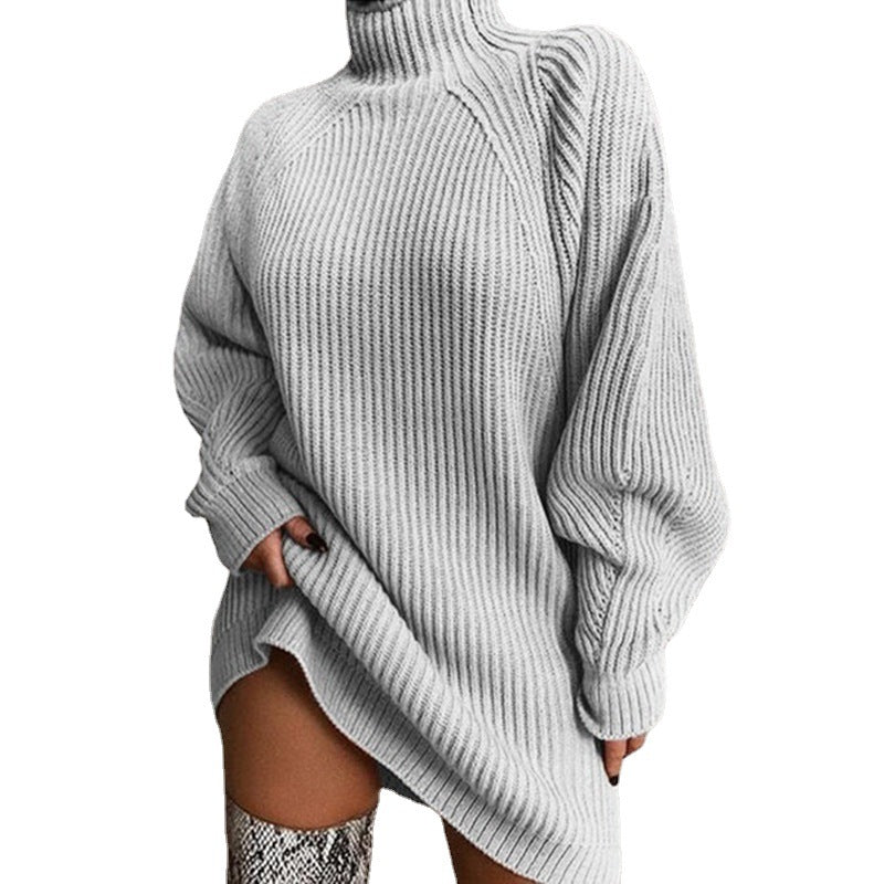 Damen Grobstrickpullover mit hohem Kragen und asymmetrischem Saum EB