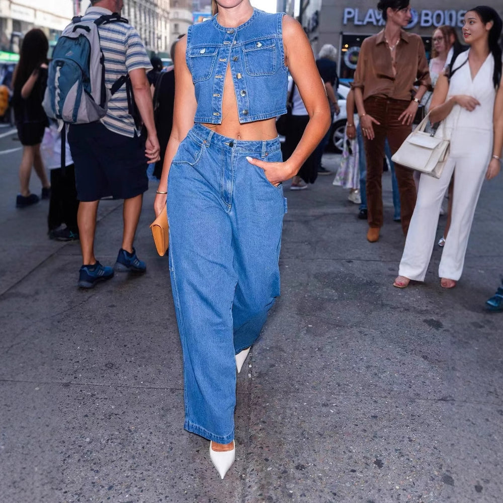 Damen Denim Weste mit stilvollen Taschen und klassischem Knopfverschluss EB