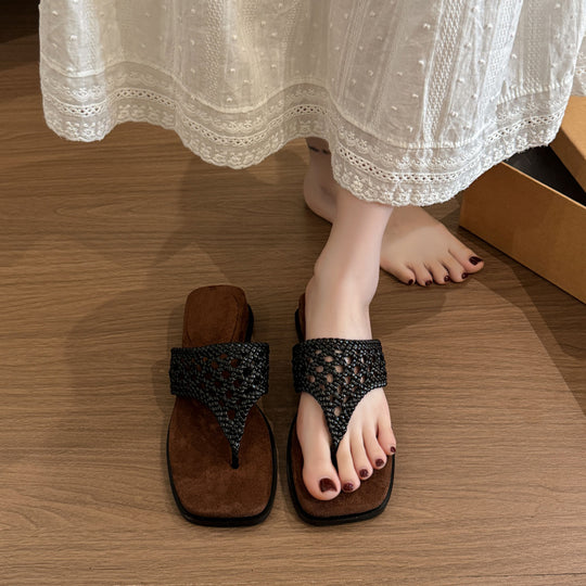 Damen Bequeme Zehentrenner-Sandalen mit hochwertigen geflochtenen Riemen und rutschfester Sohle EB