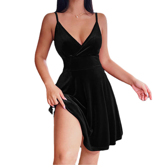 Damen edles Samtkleid im A-Linien Schnitt mit tiefem V-Ausschnitt und seitlichem Schlitz EB