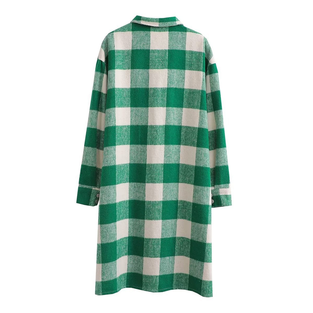 Damen Überziehkleid im karierten Design mit praktischen Brusttaschen und langen Ärmeln EB