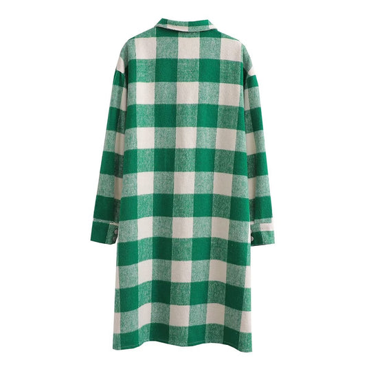 Damen Überziehkleid im karierten Design mit praktischen Brusttaschen und langen Ärmeln EB