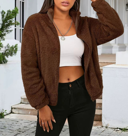 Damen Flauschige Fleecejacke mit hohem Kragen und seitlichen Taschen EB