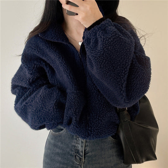 Damen kuschelige Fleece-Jacke mit hohem Kragen und Reißverschluss EB