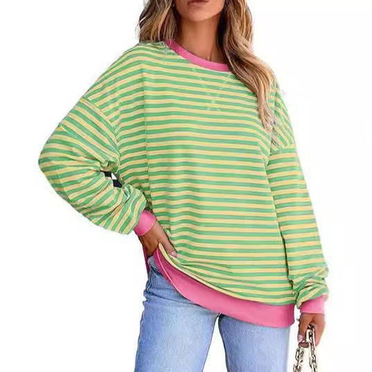 Damen lässiger gestreifter Sweatshirt mit Oversize-Schnitt und bequemen Details EB