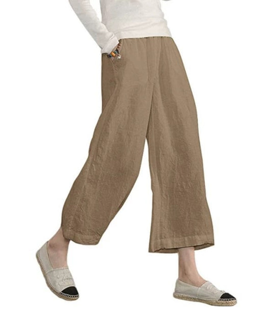 Damen weite Leinenhose mit seitlichen Taschen und elastischem Bund EB