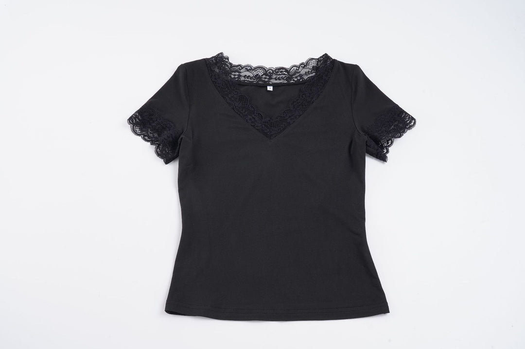 Damen Elegantes Spitzen-T-Shirt mit V-Ausschnitt und Kurzarm EB