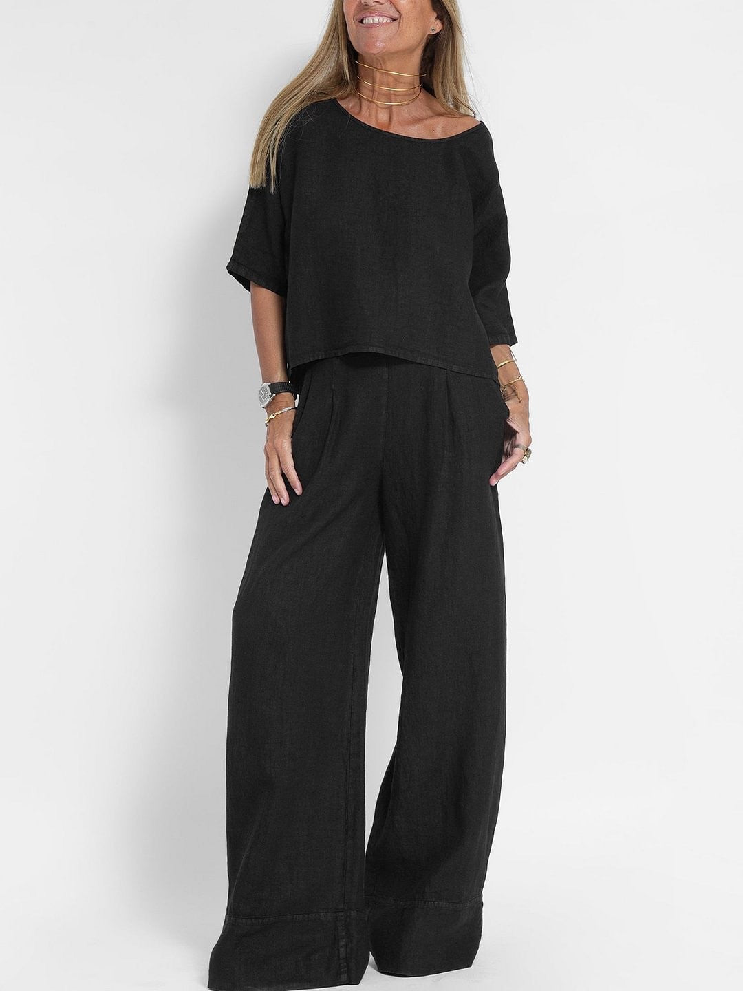 Damen lässiges Leinen-Set mit weitem Oberteil und palazzo Hosen EB