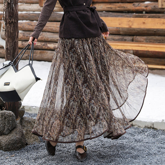 Damen  voluminöser Chiffon-Tellerrock im Paisley-Motiv mit elastischem Taillenbund EB