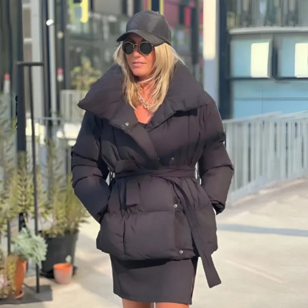 Damen Modische Daunenjacke mit breitem Kragen und taillierbarem Gürtel EB