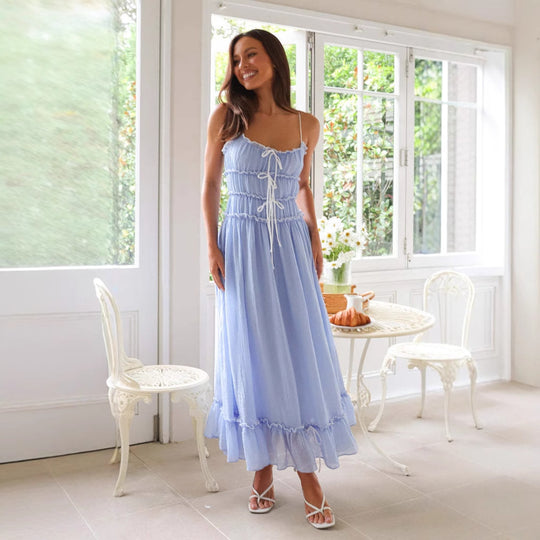 Damen Maxikleid mit verstellbarem Schnürdetail und rüschigem Saum EB